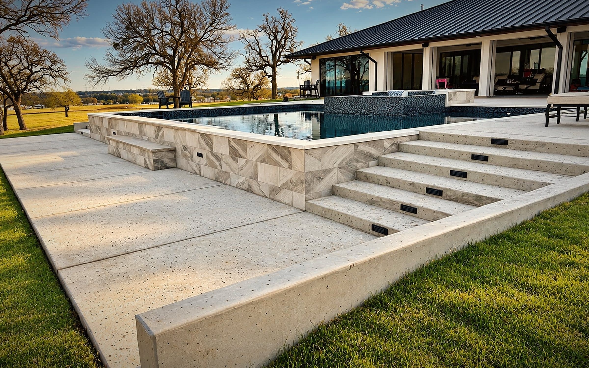 Wide stone pool steps and raised spa wall at golden hour