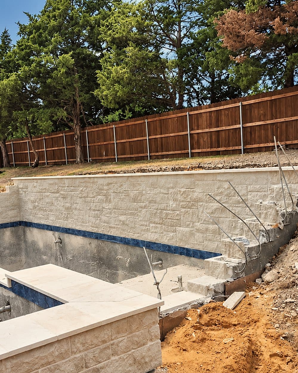 Stone retaining wall beside a pool under construction